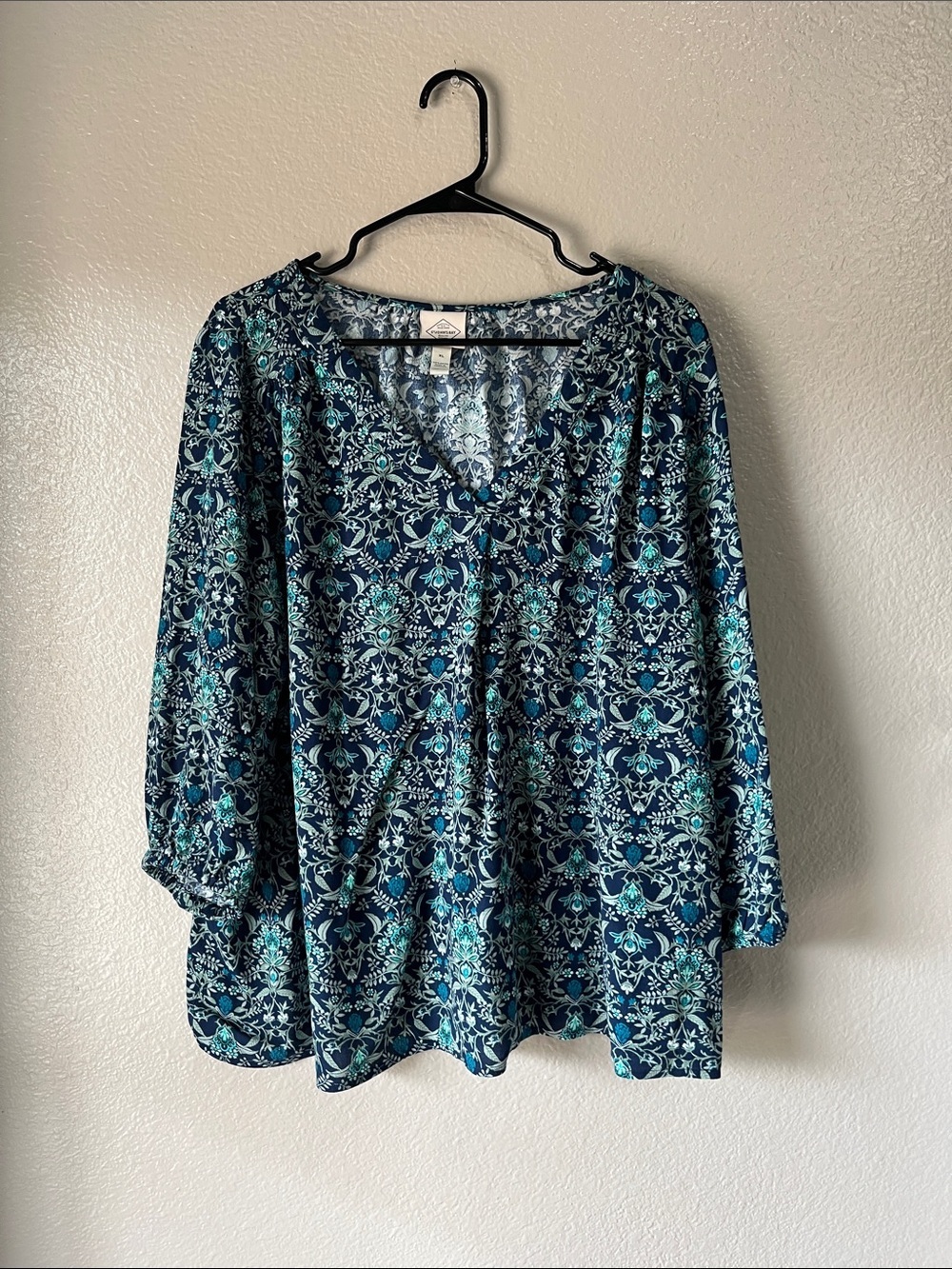St. John's Bay Navy Teal V-Neck Floral Patterned Blouse Sz XL Boho Casual